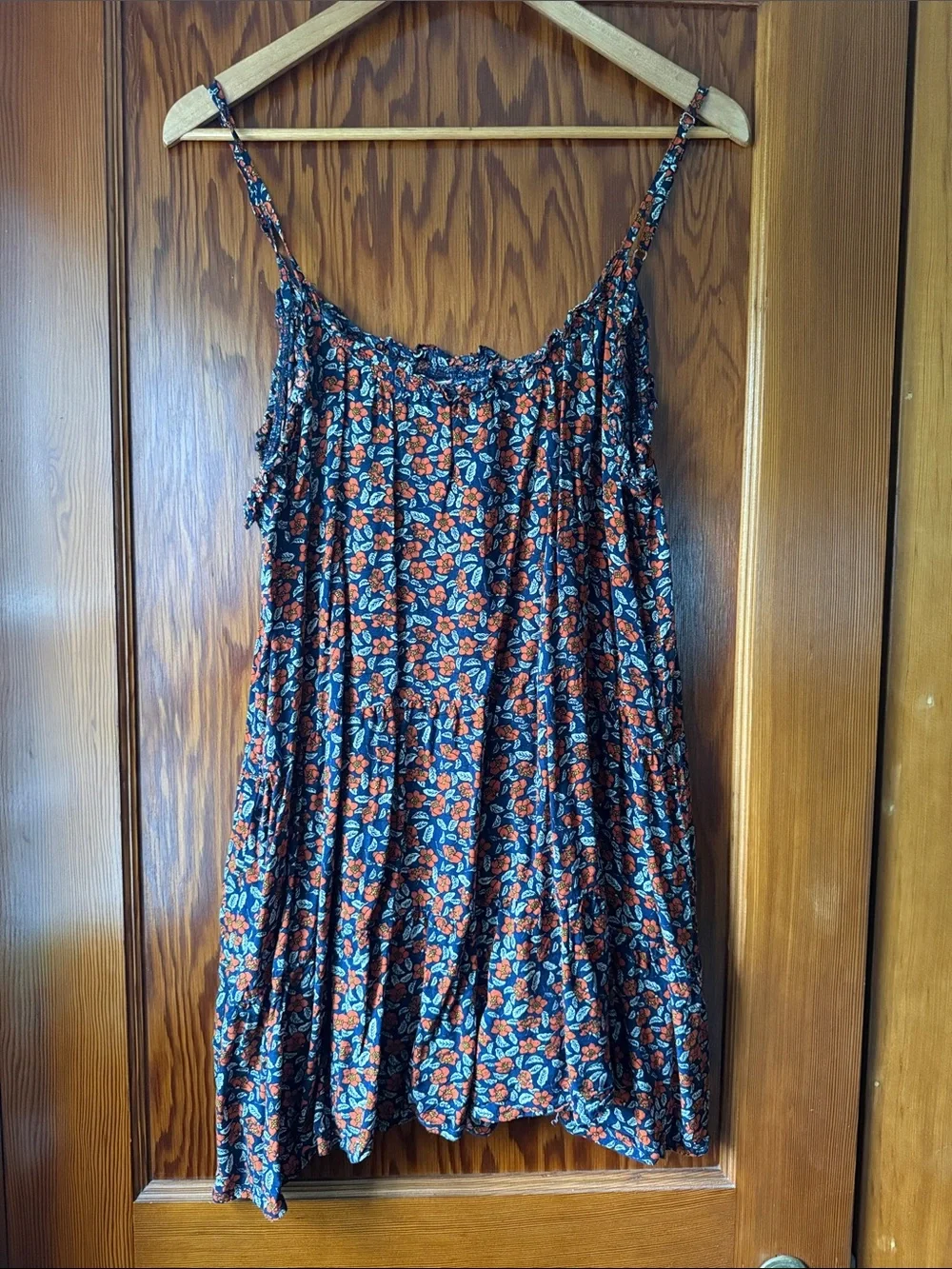 Natural Life Floral and Feather Spaghetti-Strap Swing Dress in Navy and Rust - Picture 1 of 4
